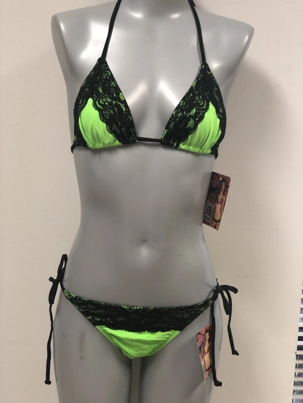 Neon Green & Black Lace Triangle Bikini - Women Swim